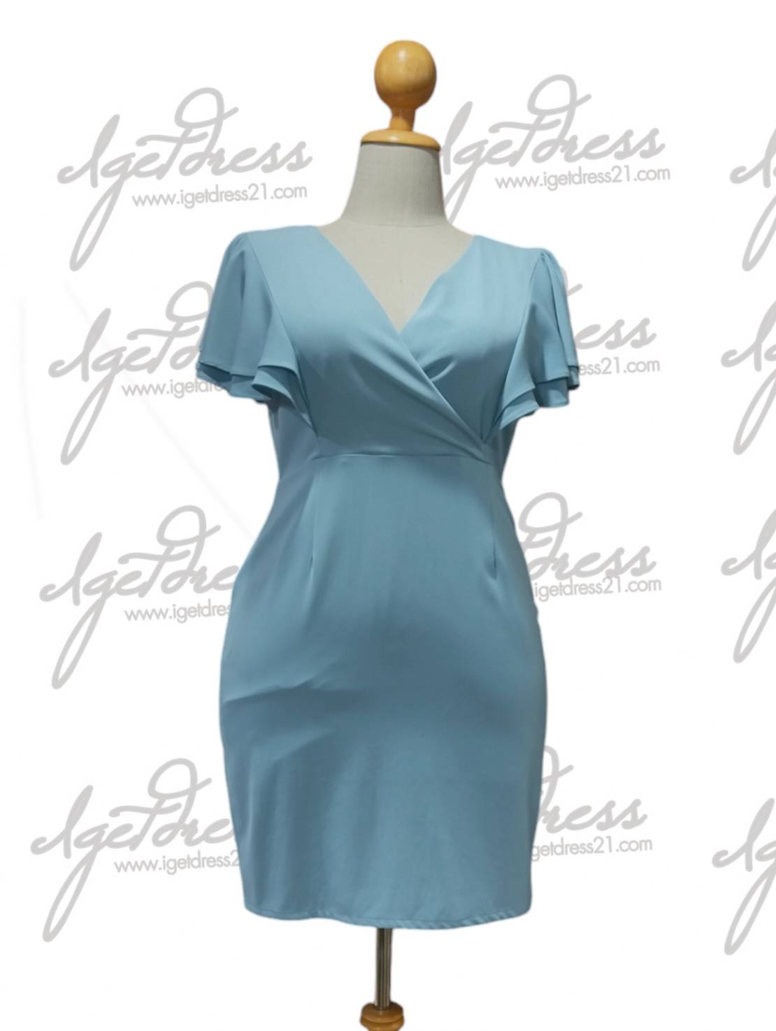 เดรสสีฟ้าคอวีอกไขว้ จับจีบแขนระบายพริ้วพรางต้นแขน ผ้าเครป (2XL) มือ2