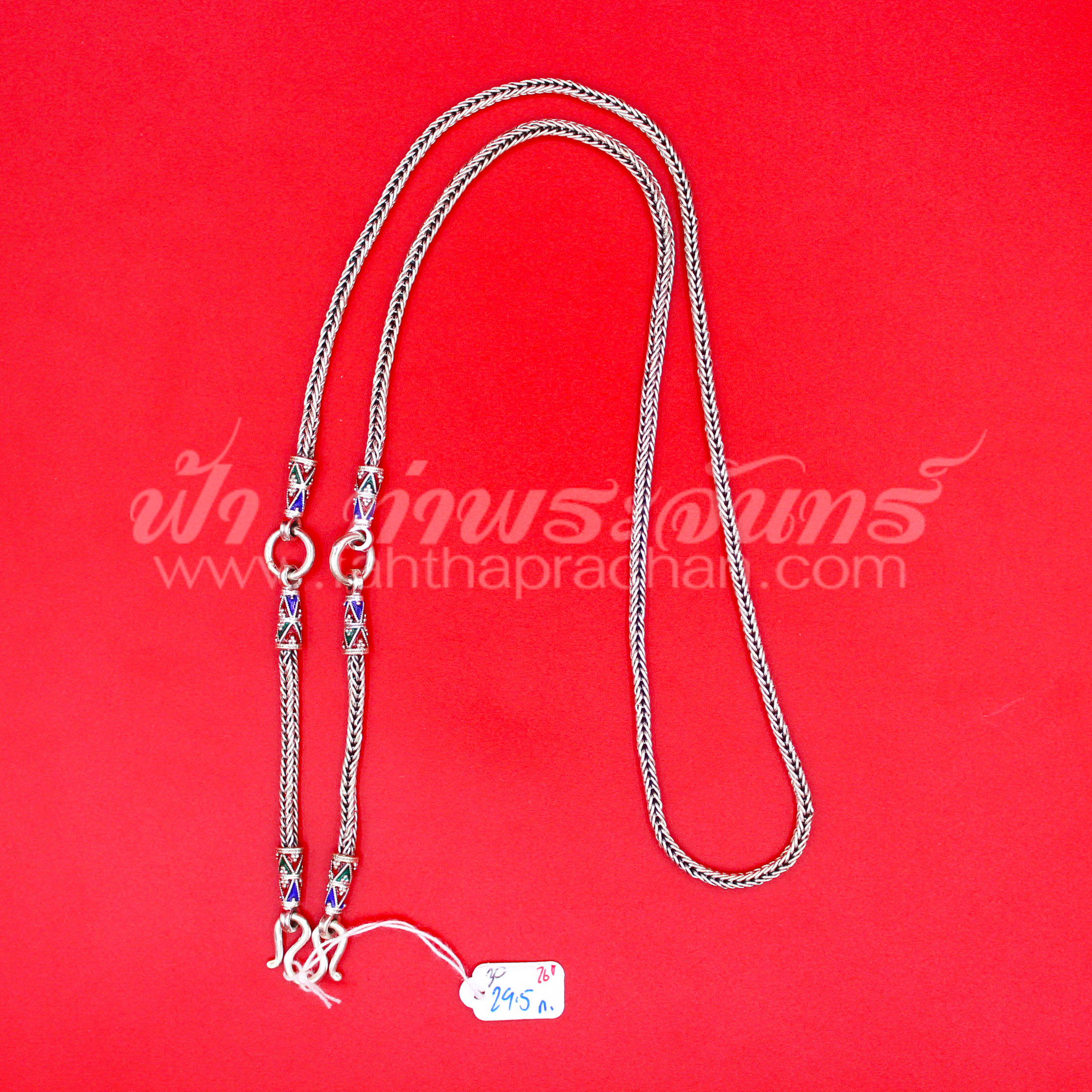 สร้อยคอเงินแท้ 92.5 ลายสี่เสา หัวจรวดลงยา รมดำ แบบ 3 ห่วง