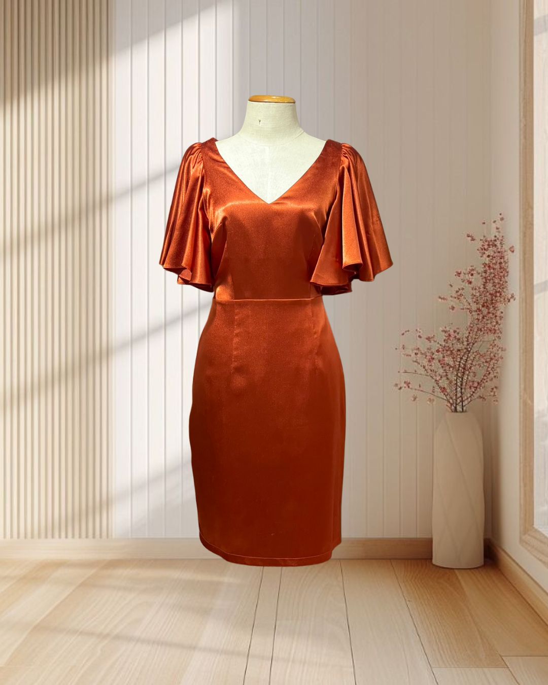 (PRE-LOVED) ราตรีสั้นสีส้มอิฐ คอวีแขนย้วย ไซส์ L