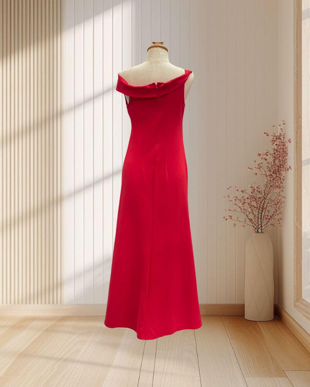 เดรสยาว สีแดง ปาดไหล่ผ้ายืด ไซส์ L