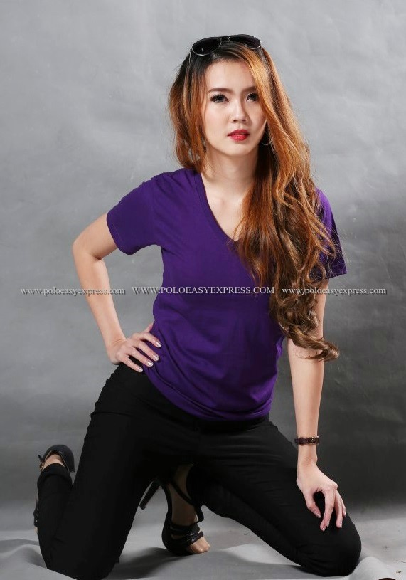 เสื้อยืด สีม่วงเข้ม คอวี แขนสั้น Size 4XL