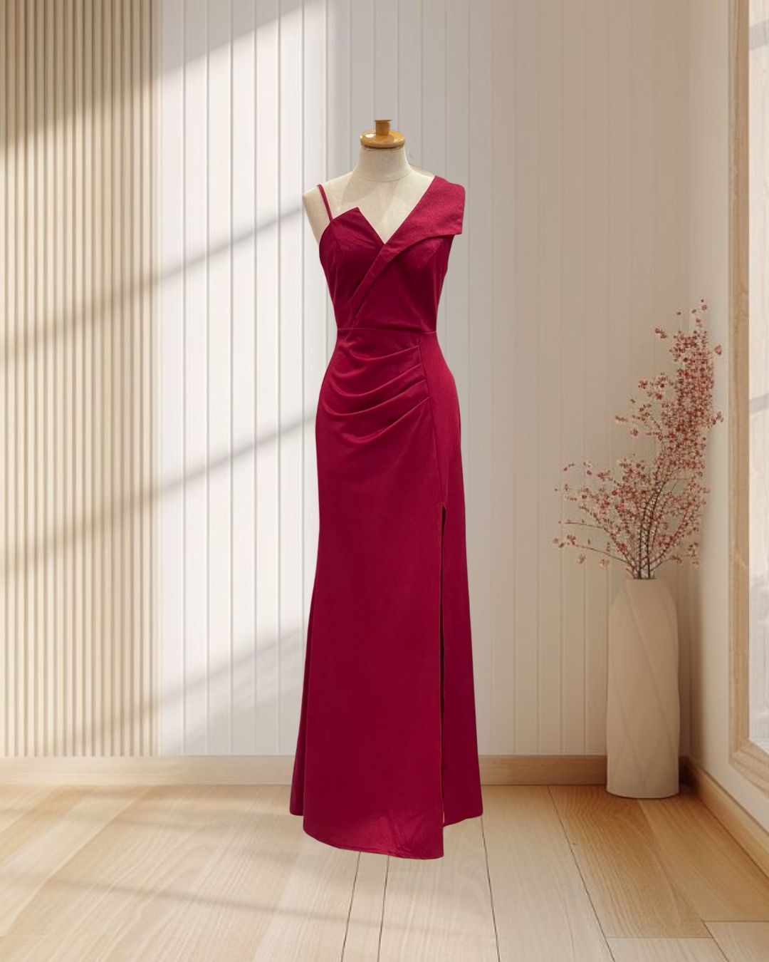 ราตรียาวสีแดง สายเดี่ยว1ข้าง สายใหญ่1ขาว ไซส์ L