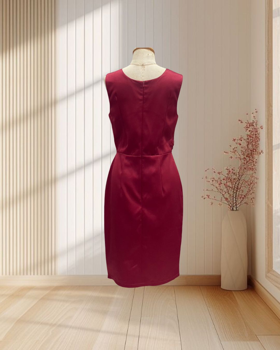 (PRE-LOVED) ราตรีสั้นสีแดง แขนกุดคอวี แต่งระบายหน้า ผ้าเงา ไซส์ S