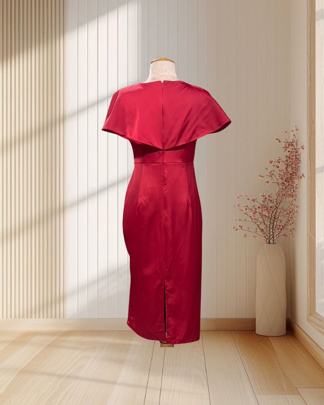 (NEW) ราตรีสั้น แต่งปกแขน ผ้าพรีเมียมซาติน จีบเอว ไซส์ L