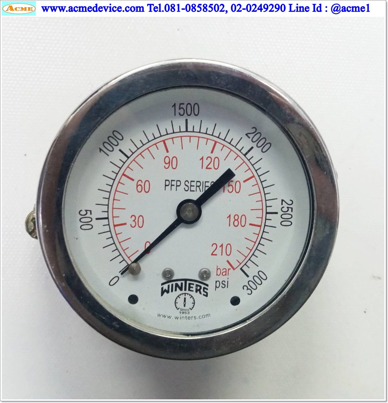 Pressur Gauge Winters รุ่น PFP25TSD4NP3SB+SH, 0-210 Bar, 0-3000 psi, Dai. 2.5", 1/4
