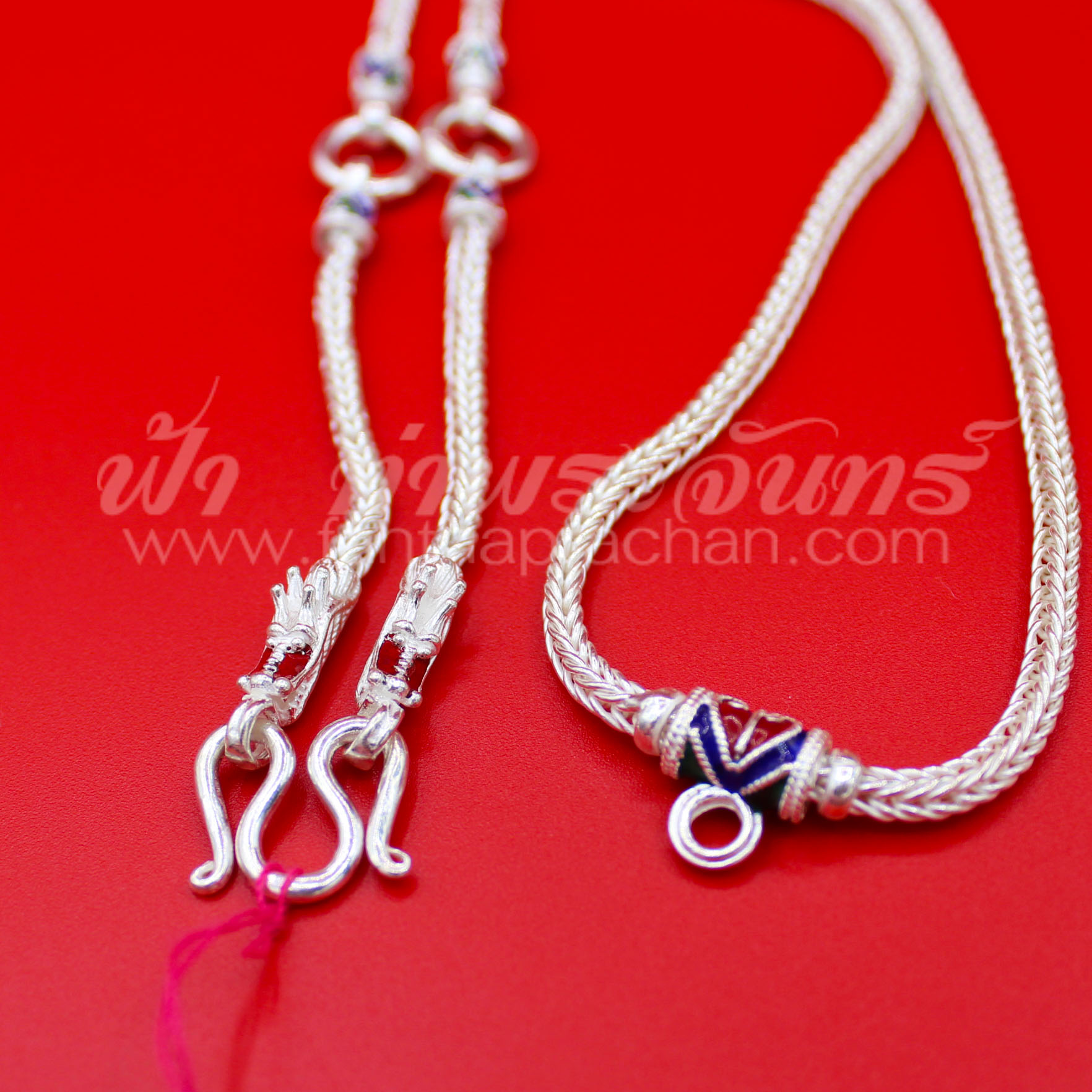 สร้อยคอเงินแท้ 92.5 ลายสี่เสาหัวมังกร ลงยา แบบ 5 ห่วง มีห่วงหลัง