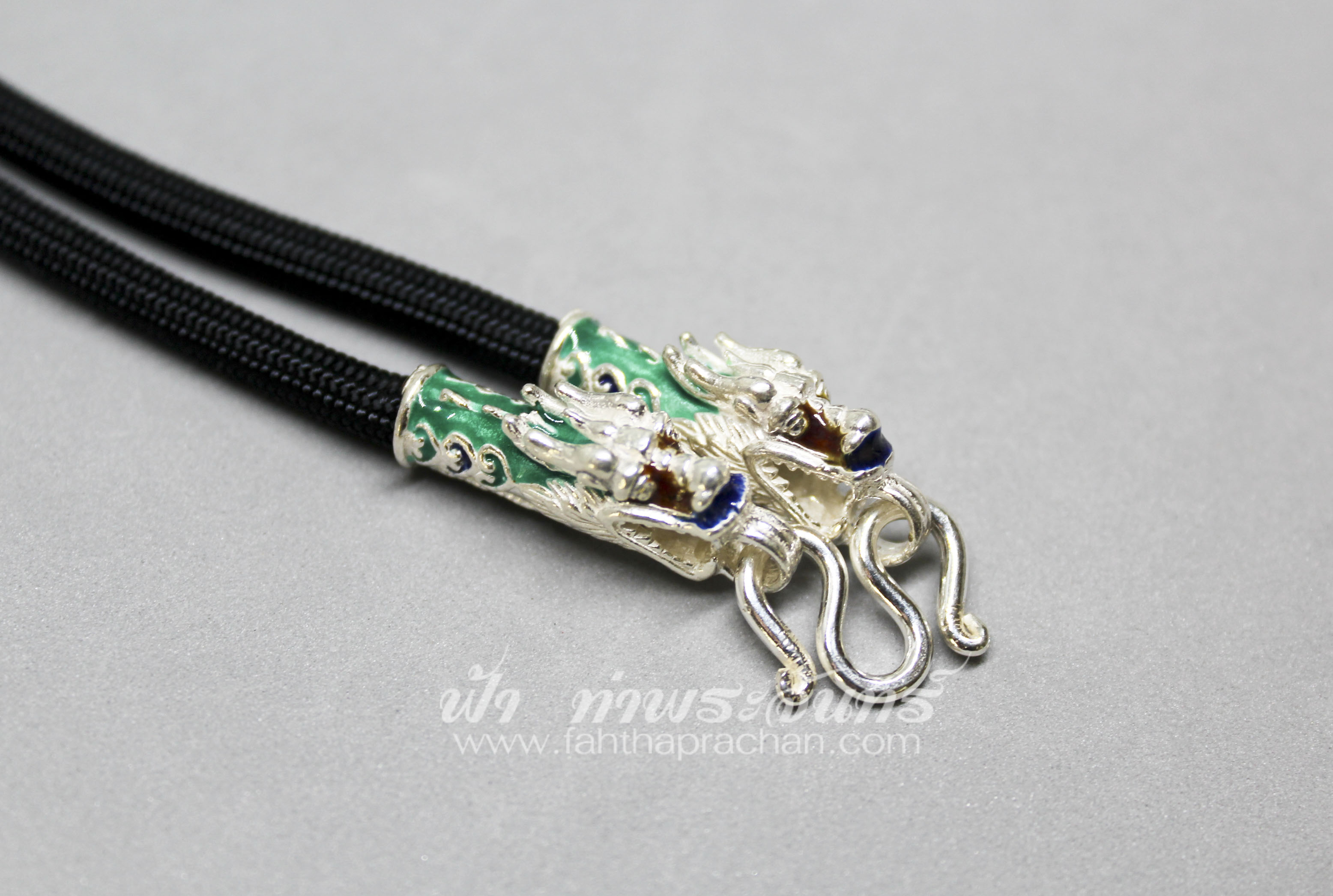 สร้อยคอเชือกร่มเงินแท้ หัวมังกรลงยา