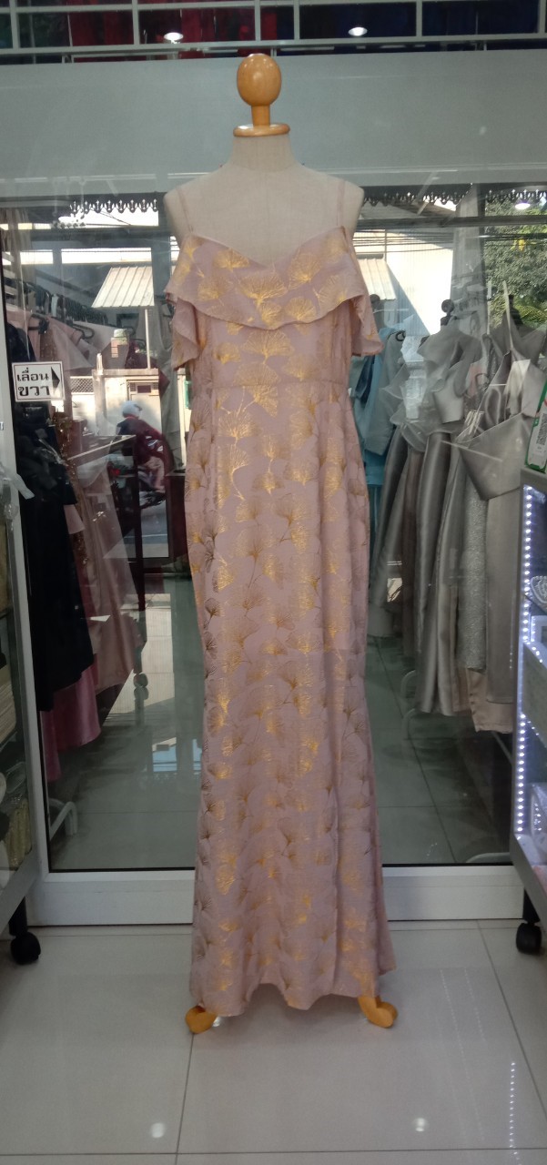 ยาวสายเดี่ยวสีชมพูอกระบายปักลายสีทองสี (XL) มือ2