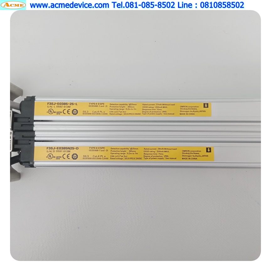 Area Sensor Omron รุ่น F3SJ-E0385-25-L+F3SJ-E0385N25-D, Output NPN, ยาว 385 mm., ระยะตรวจจับ 0.2-7 mm.