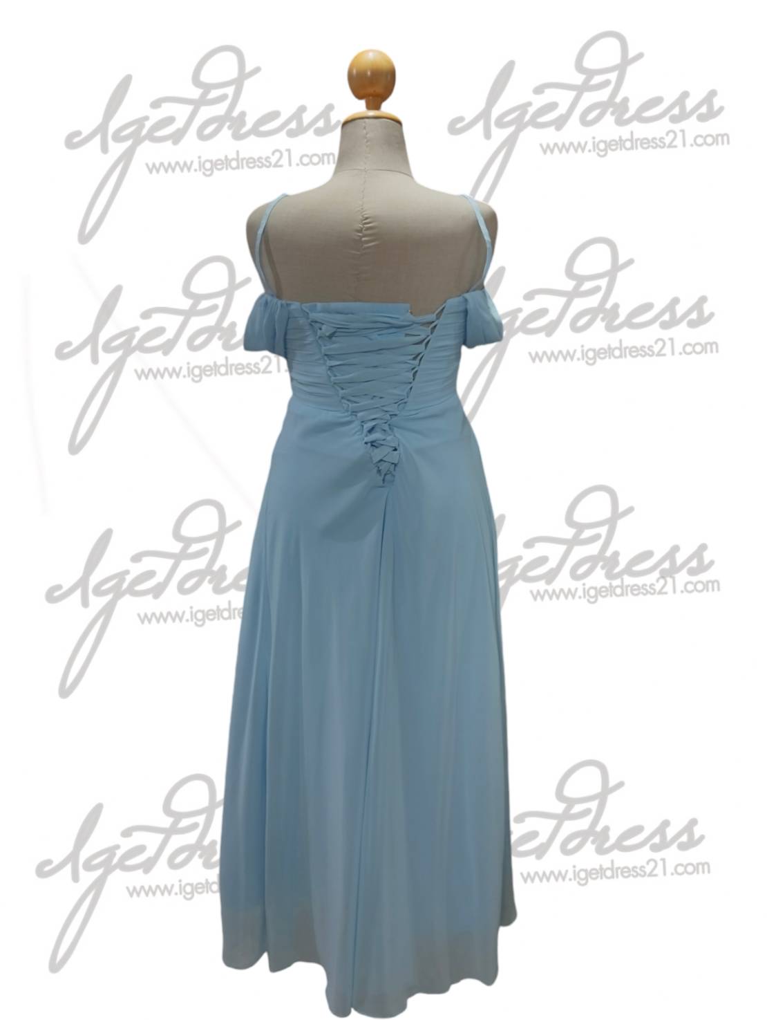 (PRE-LOVED) ชุดราตรียาวสายเดี่ยวชีฟองโอบแขน สีฟ้า 4XL