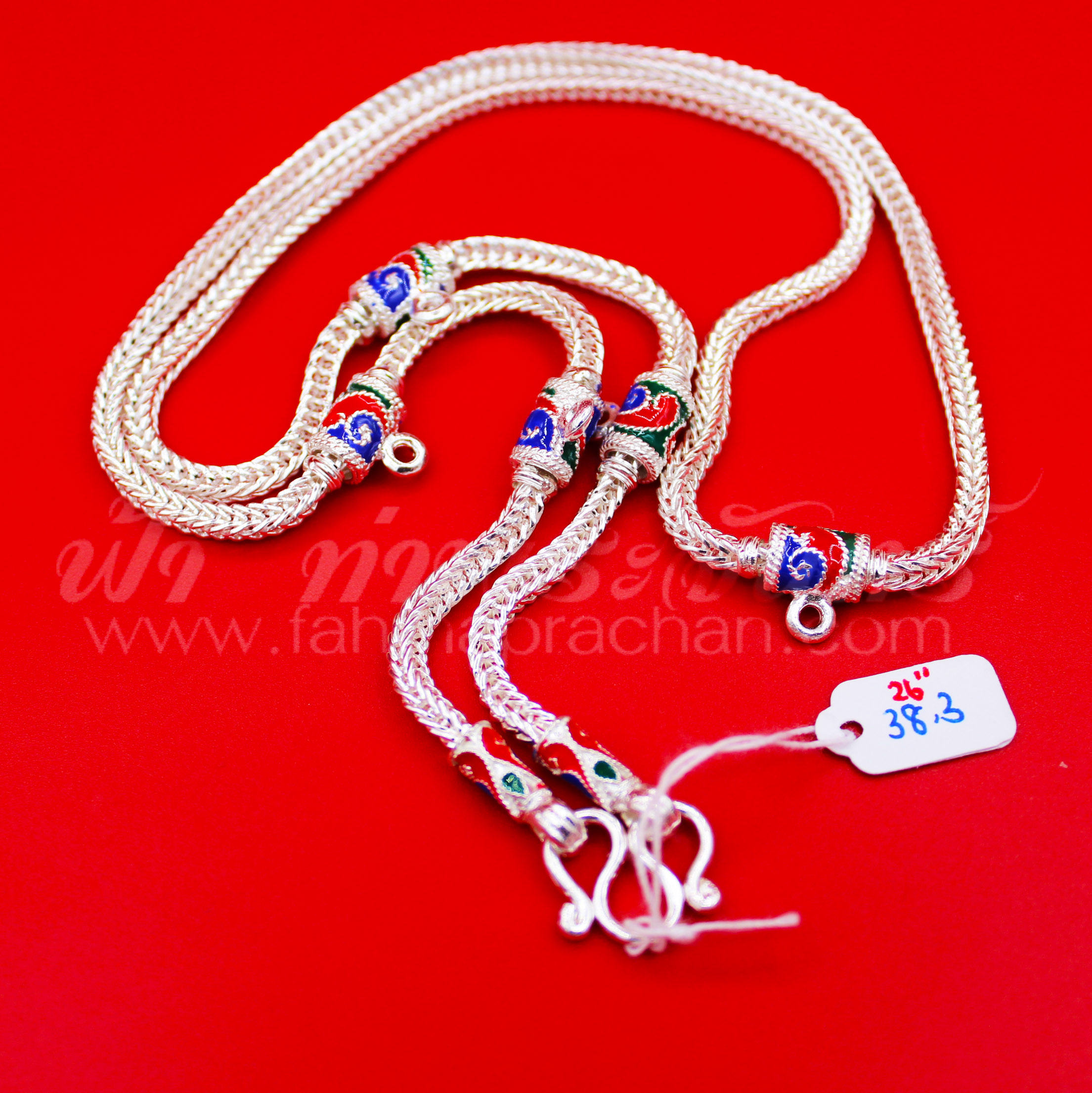 สร้อยคอเงินแท้ 92.5 ลายสี่เสา หัวจรวด ลงยา แบบสามห่วง มีห่วงหลัง