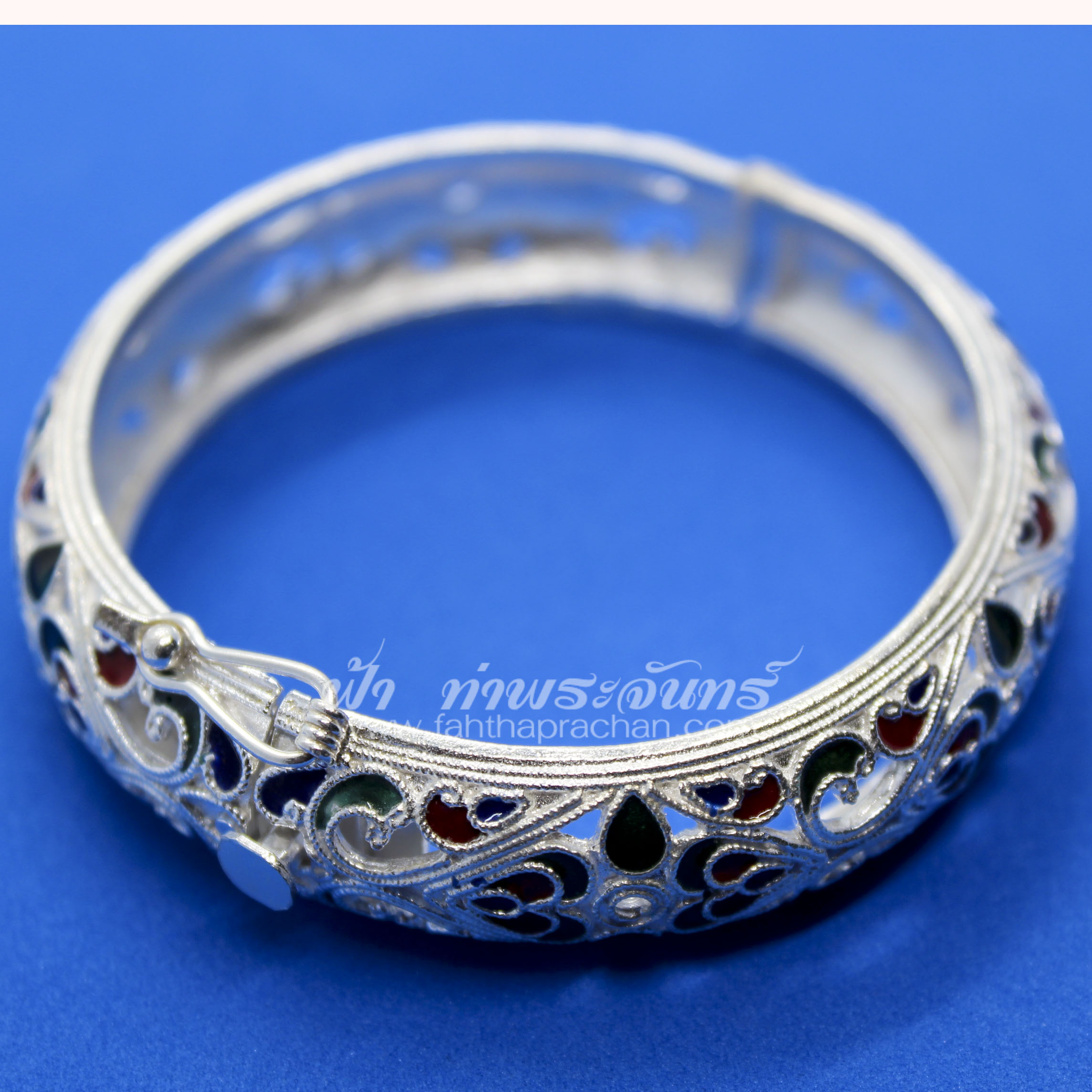 กำไลข้อมือเงินแท้ ลายฉลุ ลงยา