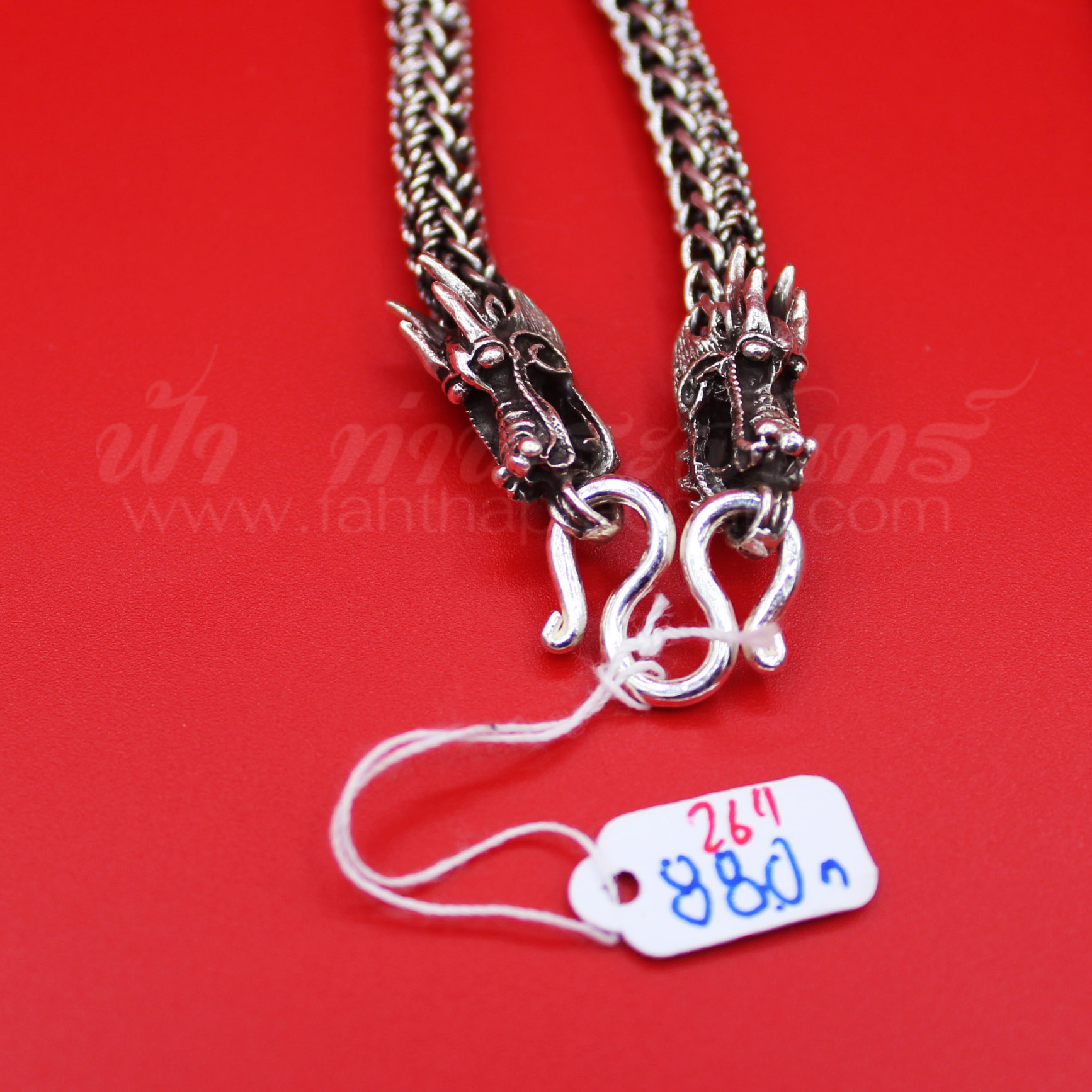 สร้อยคอเงินแท้ 92.5 ลายสี่เสา หางกระรอก หัวมังกร รมดำ แบบห่วงเดียว