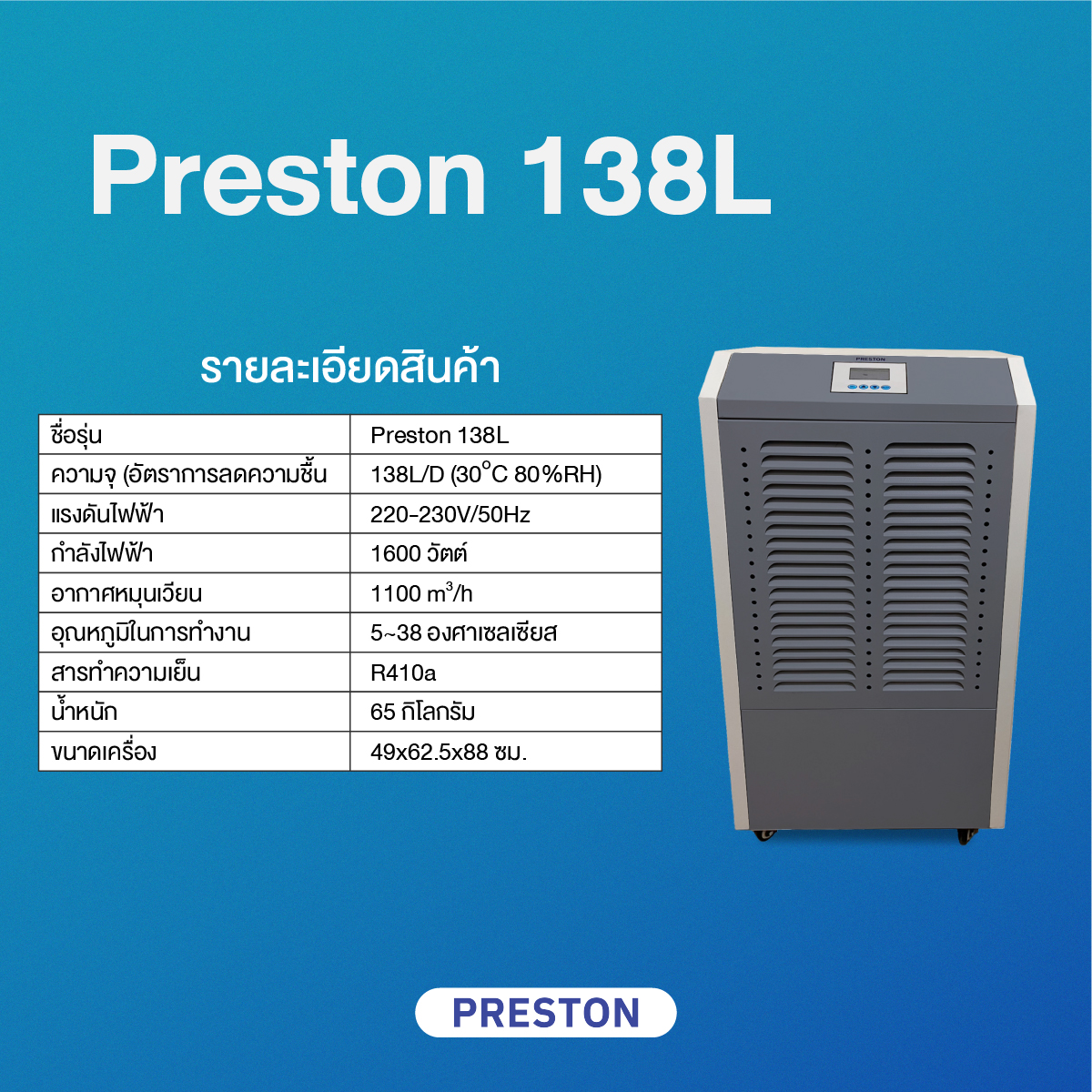 PRESTON เครื่องลดความชื้นอุตสาหกรรม รุ่น PRESTON 138L