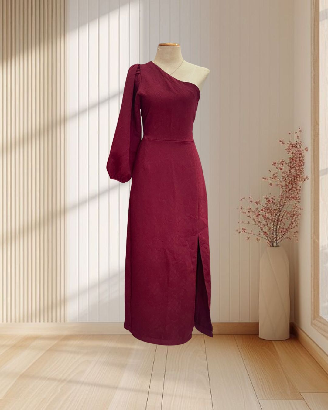 (PRE-LOVED) ราตรียาวสีแดง บ่าเฉียงแขนยาว ผ้าพิมพ์ลายนูน ไซส์ M