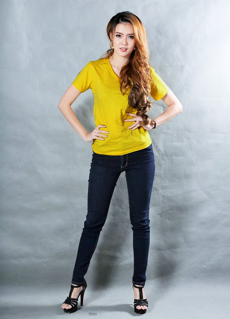 4XL เสื้อยืด สีเหลืองมัสตาร์ด คอวี แขนสั้น Size 4XL