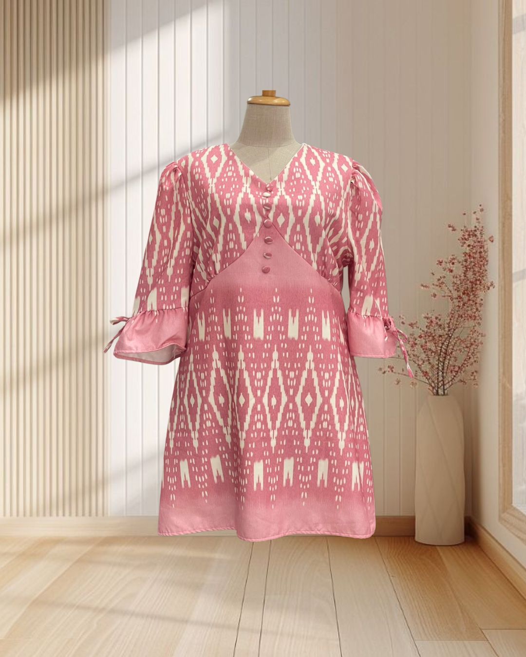 เดรสผ้าไทย สีชมพู แขนพอง แต่งโบว์ ไซส์ 6XL