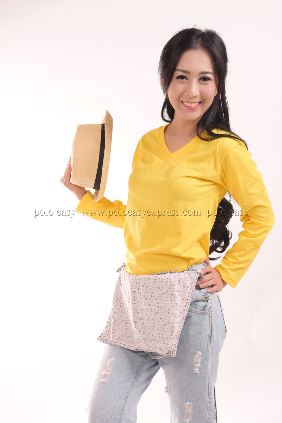 เสื้อยืด สีเหลือง คอวี แขนยาว Size 3XL
