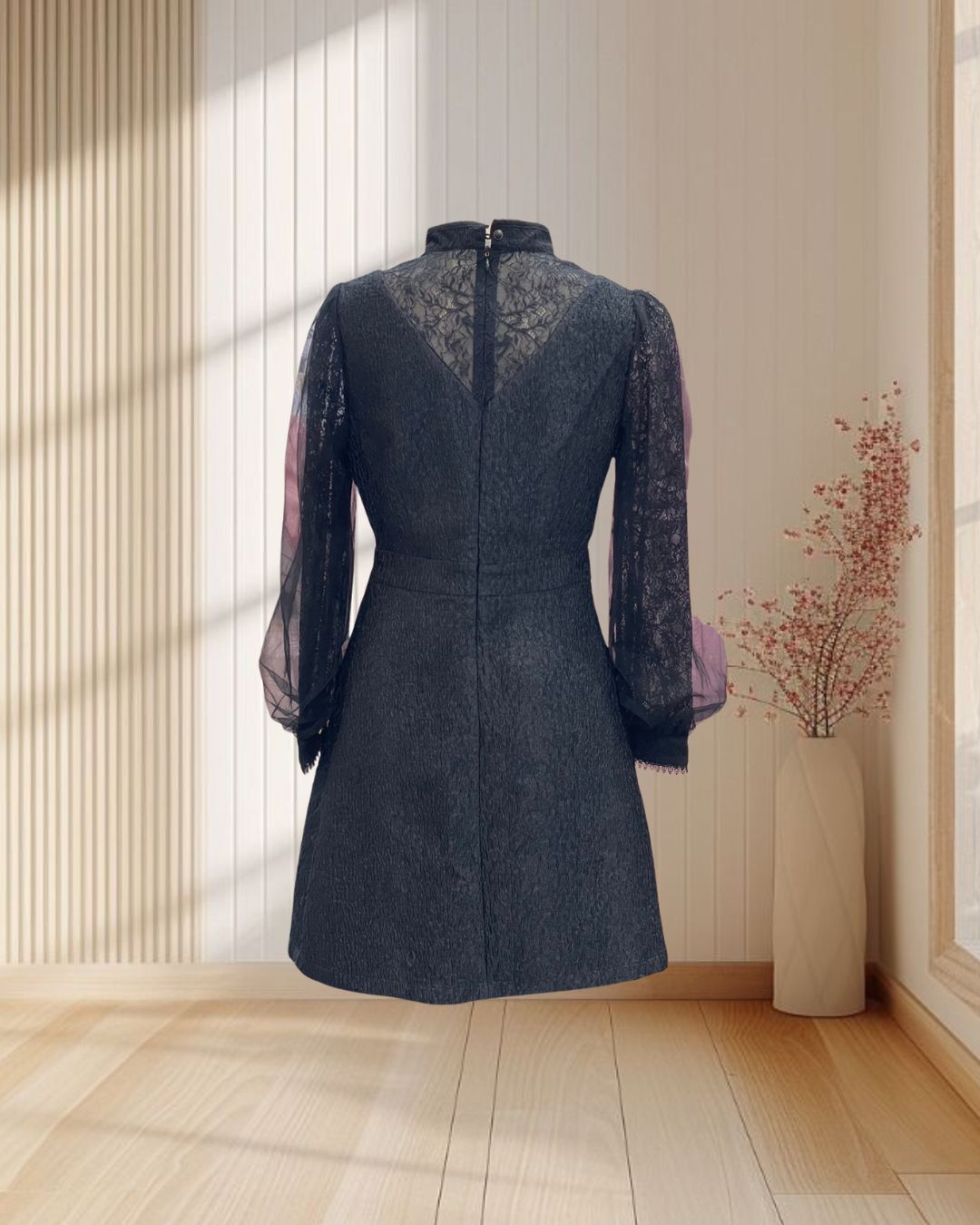 เดรสสั้นสีดำ แขนยาวผ้ามุ้ง คอจีน ไซส์ M