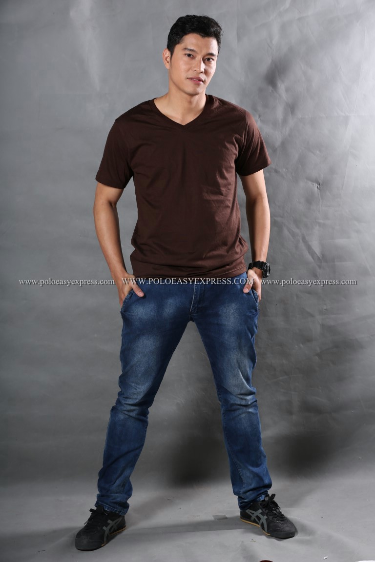 4XL เสื้อยืด สีน้ำตาล คอวี แขนสั้น Size 4XL