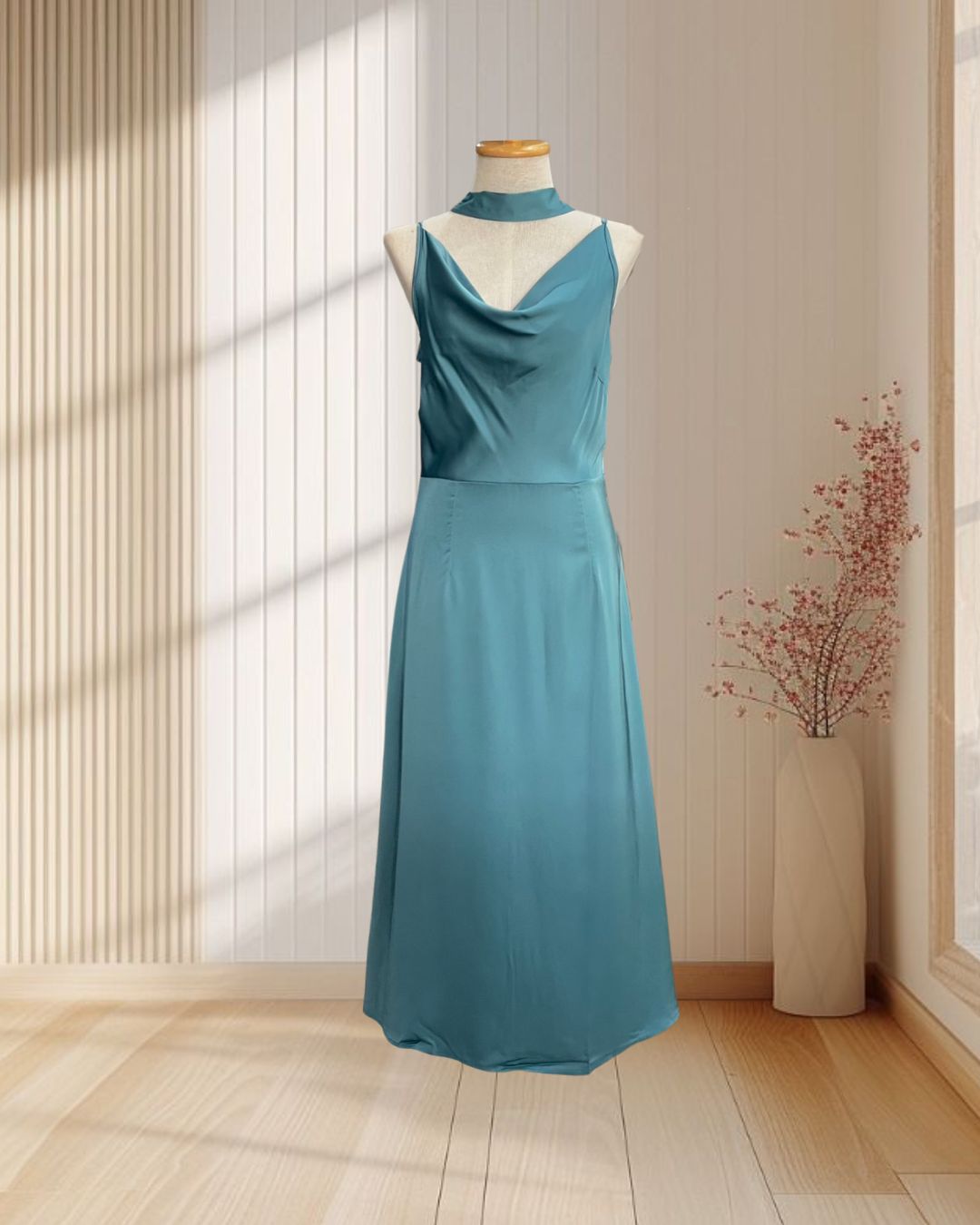 ราตรียาวสีเขียว สายเดี่ยวคอถ่วง ผ้าทิ้งตัว พร้อมผ้าพันคอ ไซส์ M