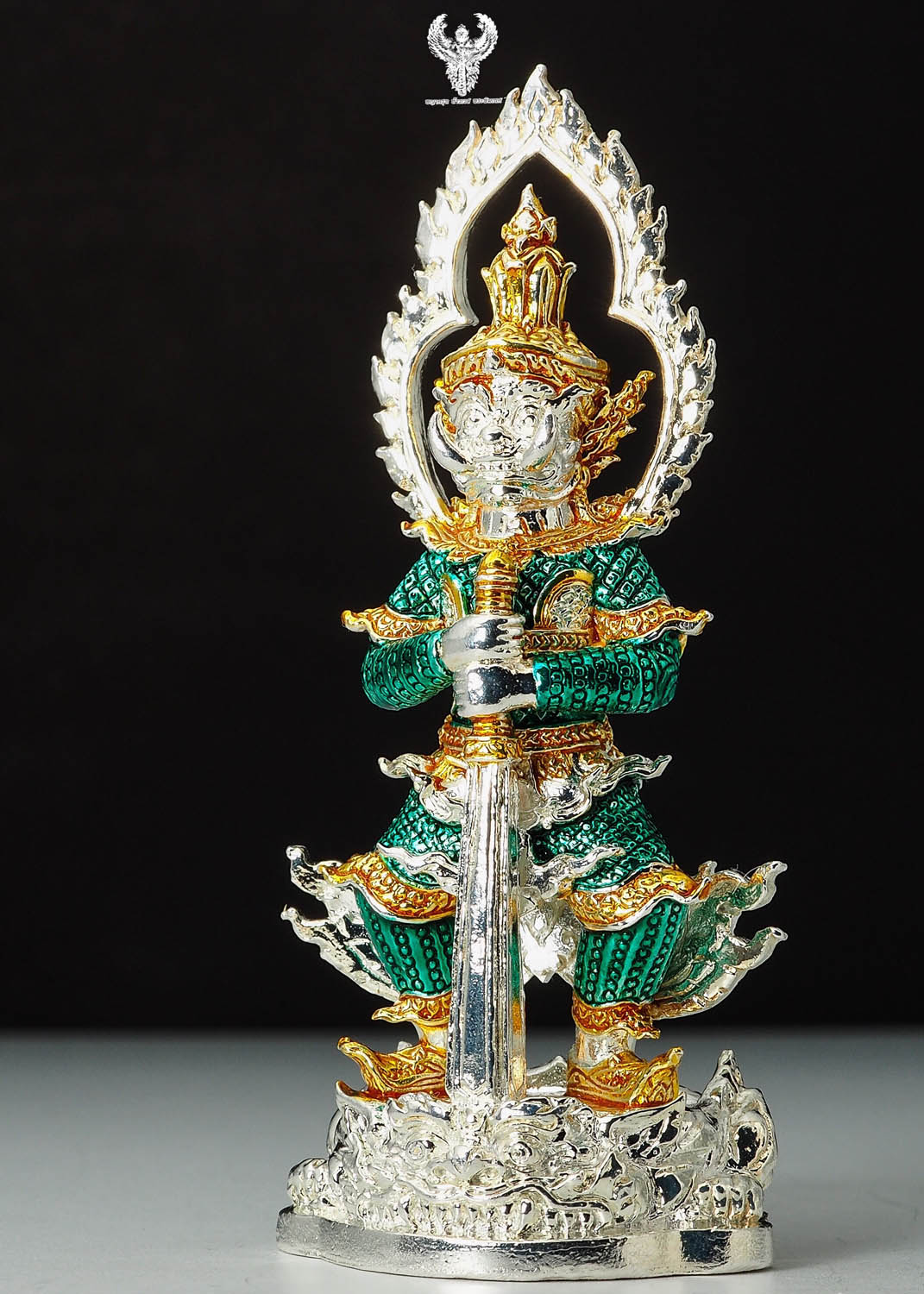 ท้าวเวสสุวรรณ. รุ่น คลังสมบัติ์ เนื้อสัมฤทธ์ชุบเงินลงยาสีเขียว