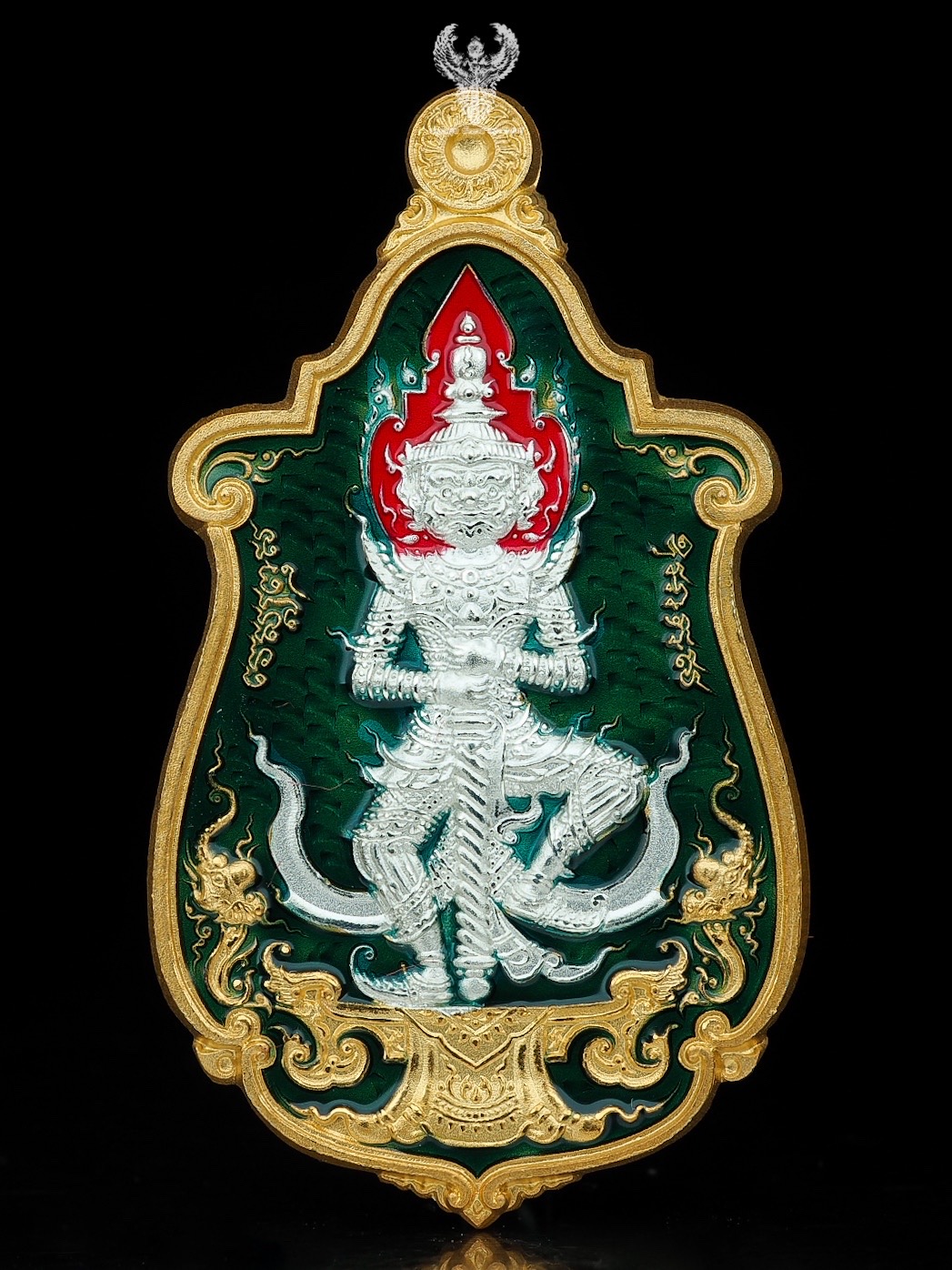 เหรียญท้าวเวสสุวรรณ อนันต์ทรัพย์ หลวงพ่อทอง วัดบ้านไร่ เนื้อ2กษัติย์ พื้นทอง องค์เงิน ลงยาเขียว เลข 227.