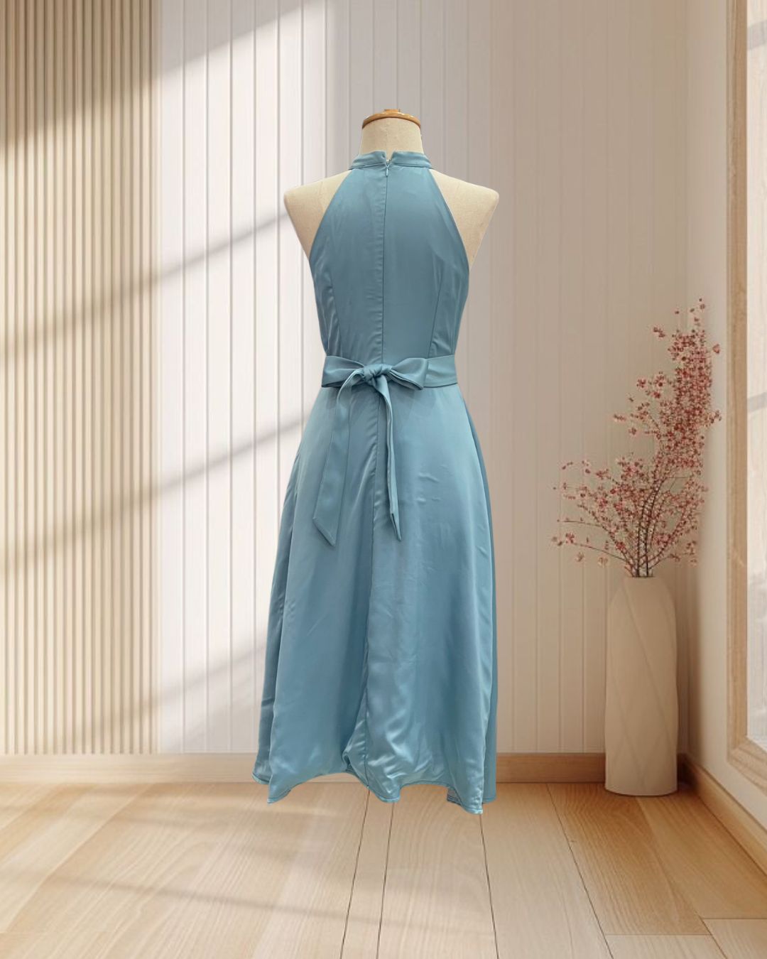 (PRE-LOVED) ราตรีสั้นสีเขียว คอปีน แขนกุด พร้อมผ้าผูกโบว์ที่เอว ไซส์ S