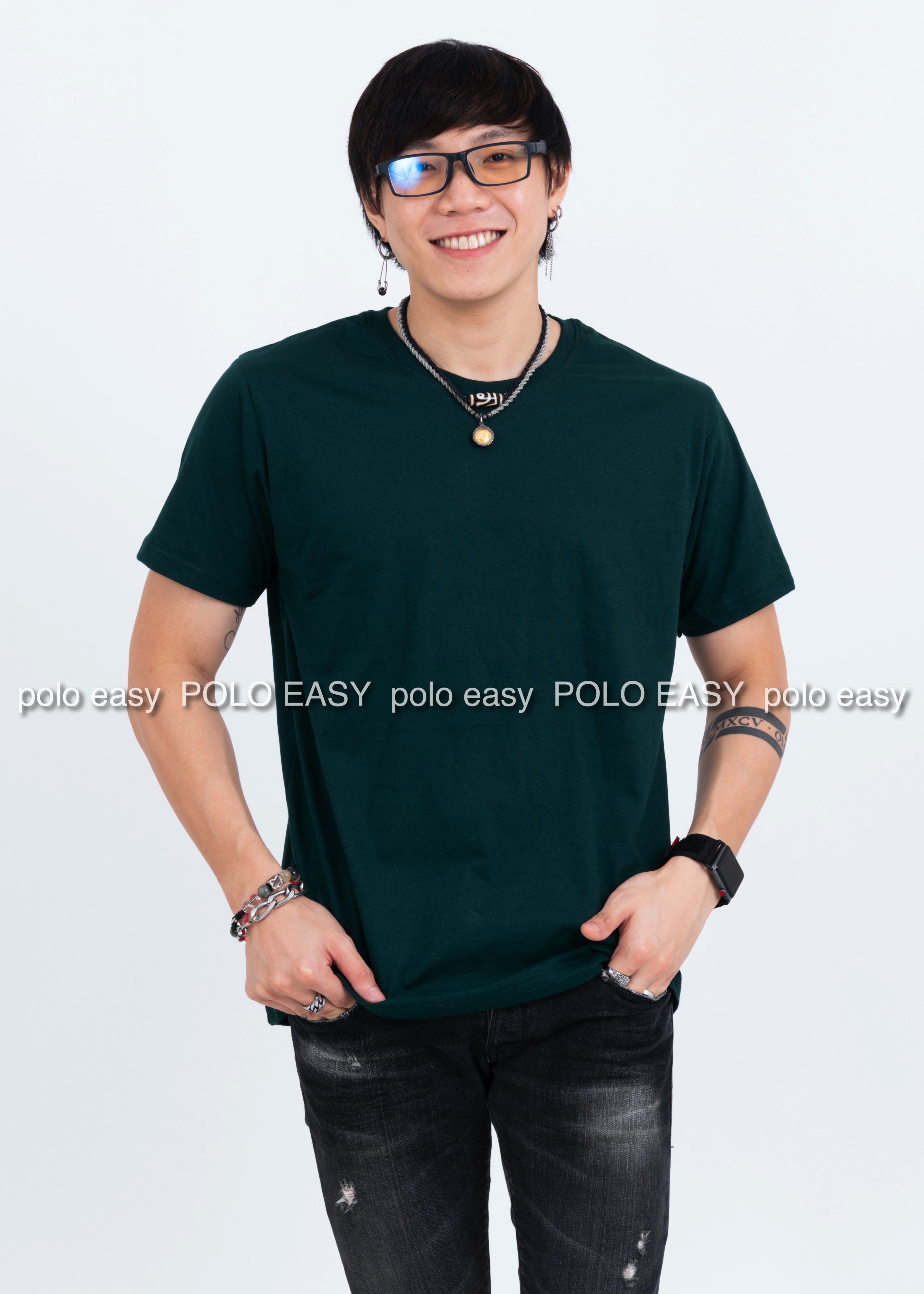 L เสื้อยืด สีเขียวหัวเป็ด คอกลม แขนสั้น Size L
