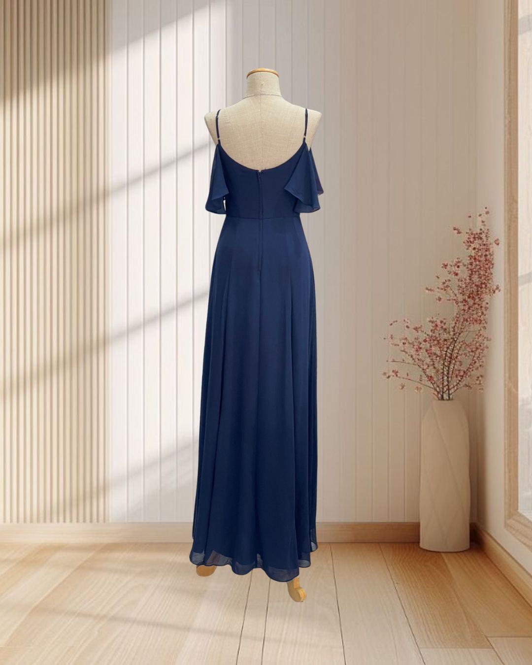 ราตรียาวสีกรม สายเดี่ยว เปิดไหล่ ผ้าชีฟอง ไซส์ S