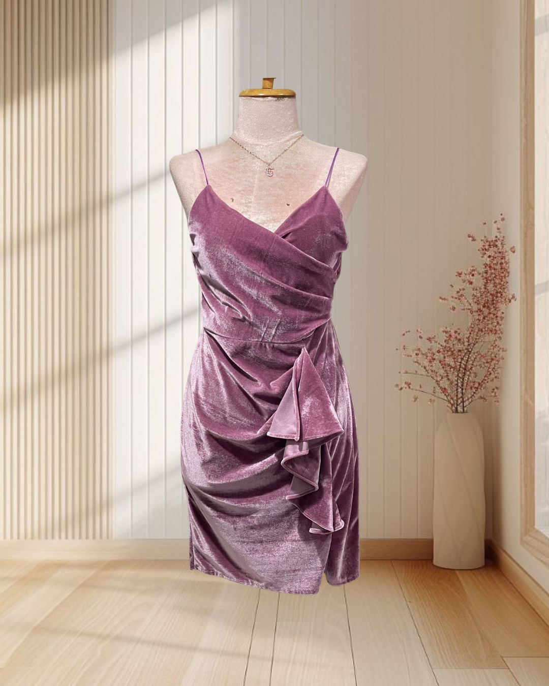 ราตรีสั้นสีม่วง กำมะหยี่สายเดี่ยวเอวแต่งระบาย ไซส์ S