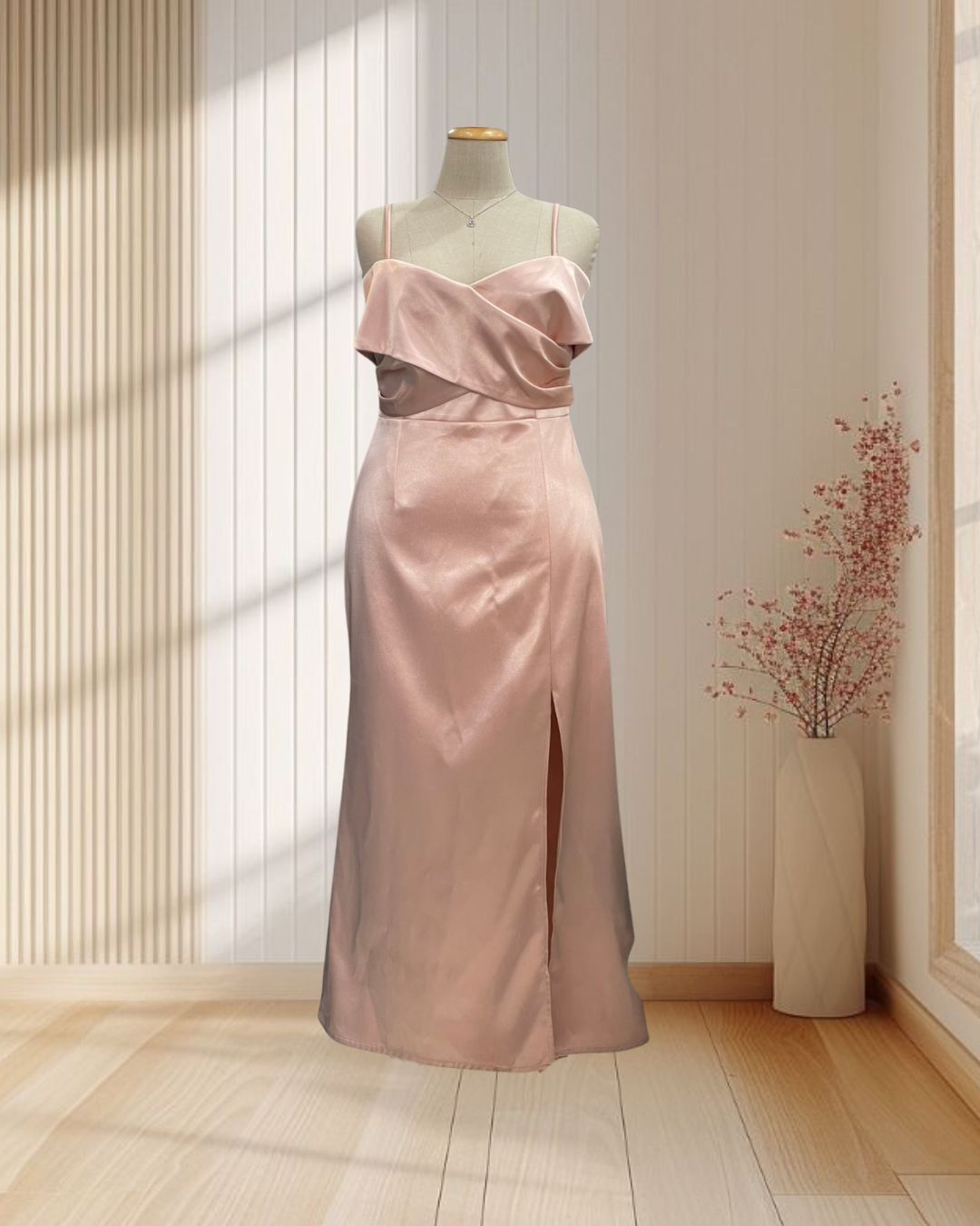 ราตรียาวสีโรสโกล์ สายเดี่ยวปาดไหล่ไขว้ด้านหน้า ไซส์ 3XL