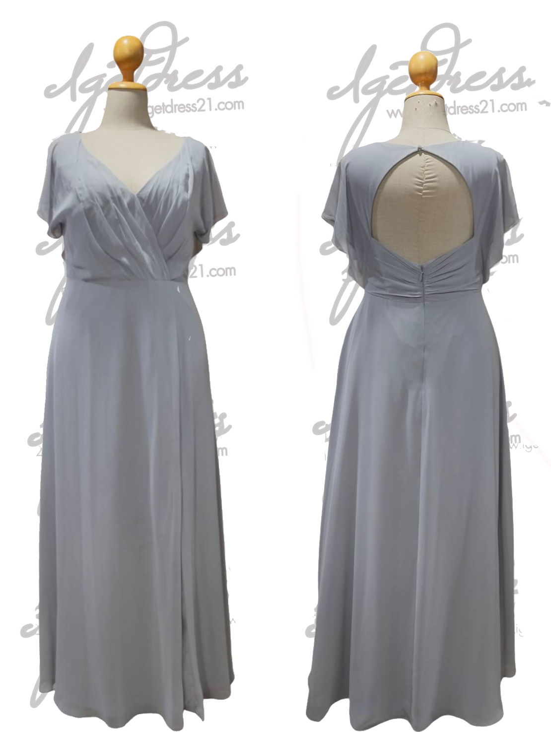 (PRE-LOVED) ชุดราตรียาวชีฟองมีแขนเว้าหลังเทา5XL