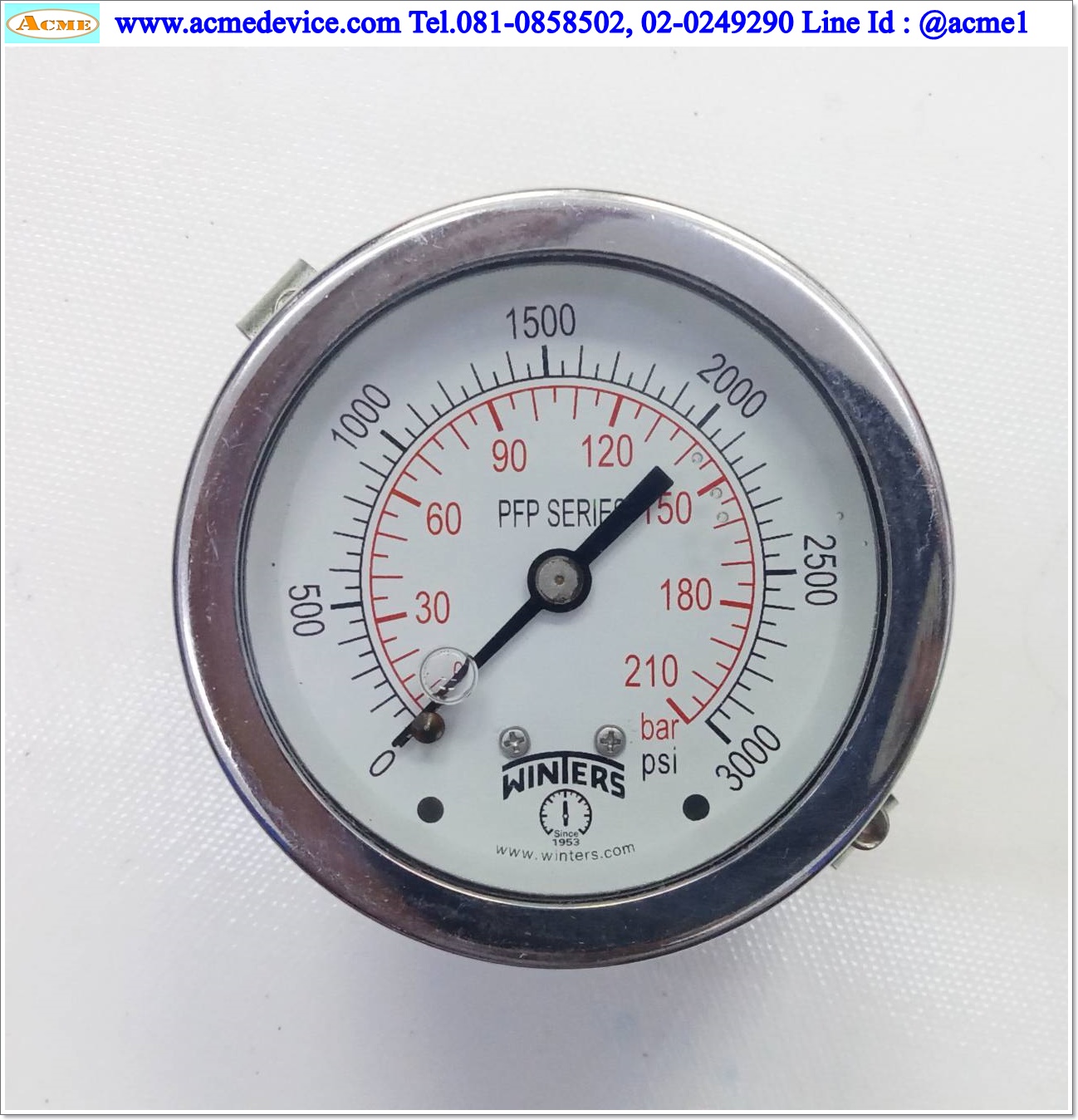 Pressur Gauge Winters รุ่น PFP25TSD4NP3SB+SH, 0-210 Bar, 0-3000 psi, Dai. 2.5", 1/4