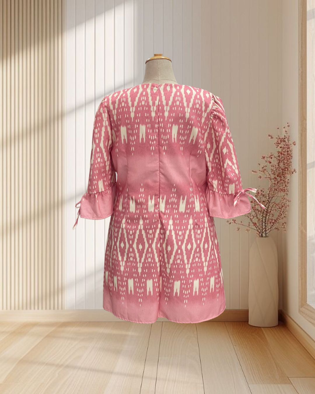 เดรสผ้าไทย สีชมพู แขนพอง แต่งโบว์ ไซส์ 6XL