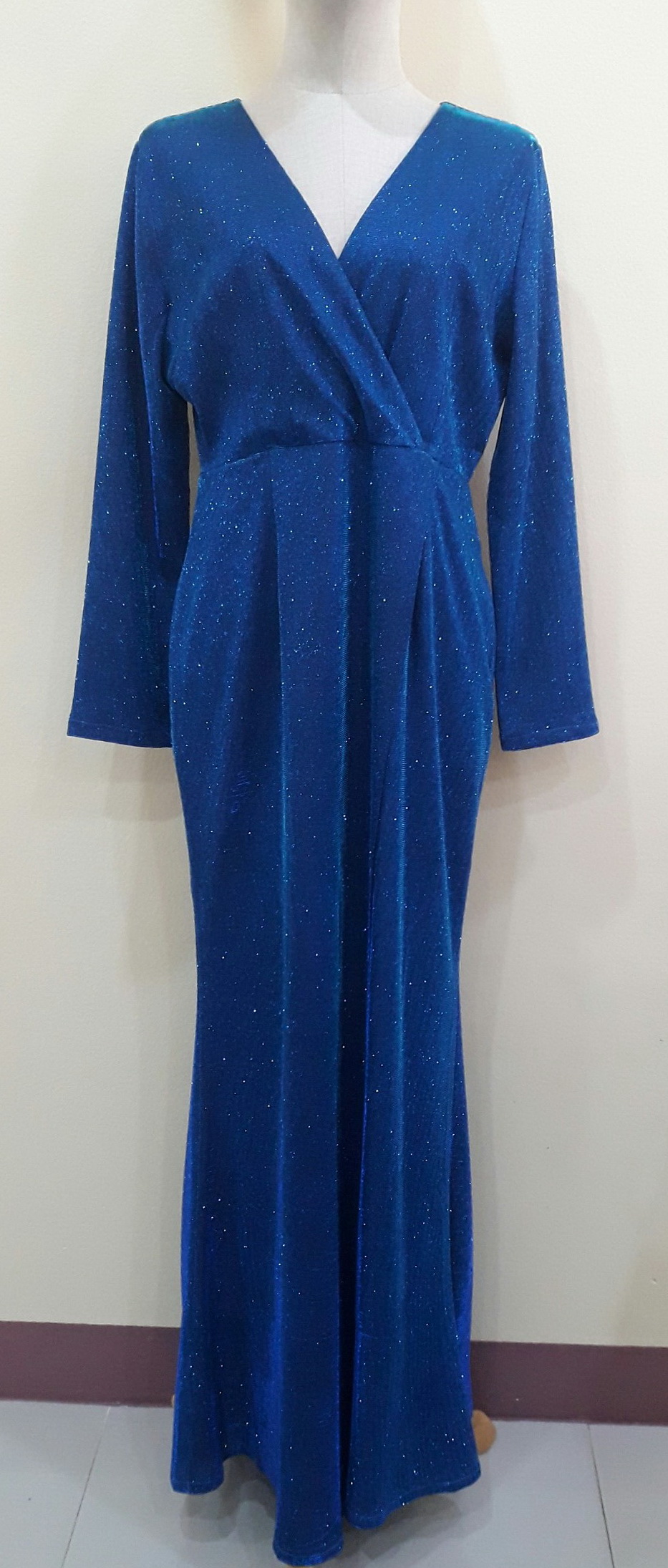 ชุดราตรียาวสีน้ำเงินแขนยาวผ้าgliter (Size : XL)