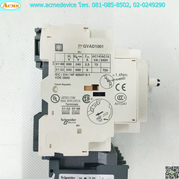 Motor Circuit Breaker Telemecanique รุ่น GV2-P03, Current Rating 0.25-0.4A, 690V, 6kV, 3Poles, + GVAD1001 พร้อม Magnetic Contactor Telemecanique รุ่น LP1K0610BD , Current Rating 6A, Coil 24Vdc
