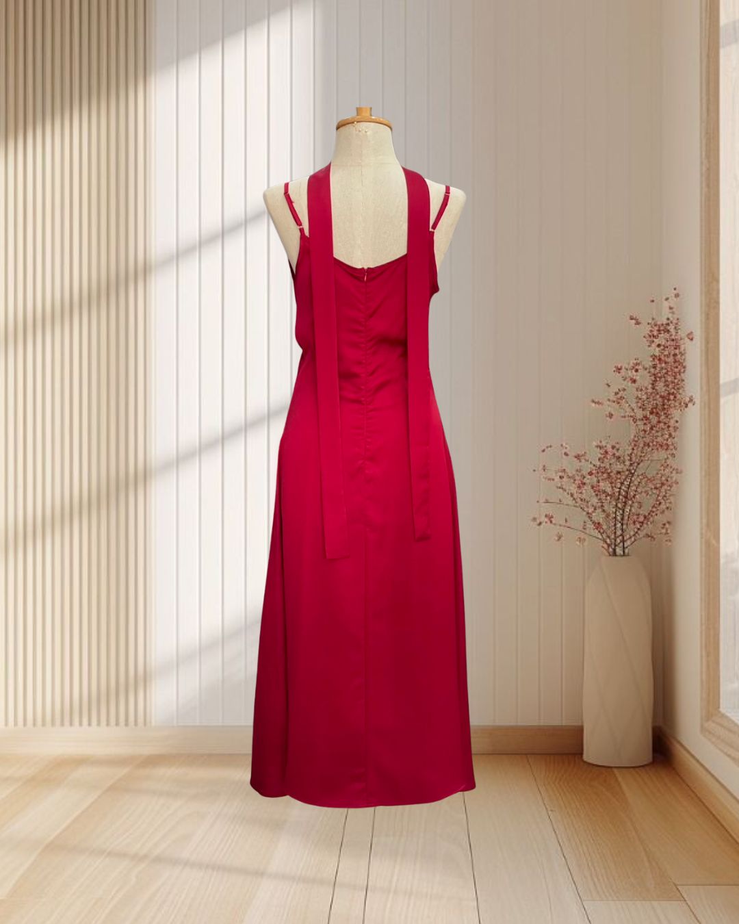 ราตรียาวสีแดง สายเดี่ยวคอถ่วง ผ้าทิ้งตัว พร้อมผ้าพันคอ ไซส์ S