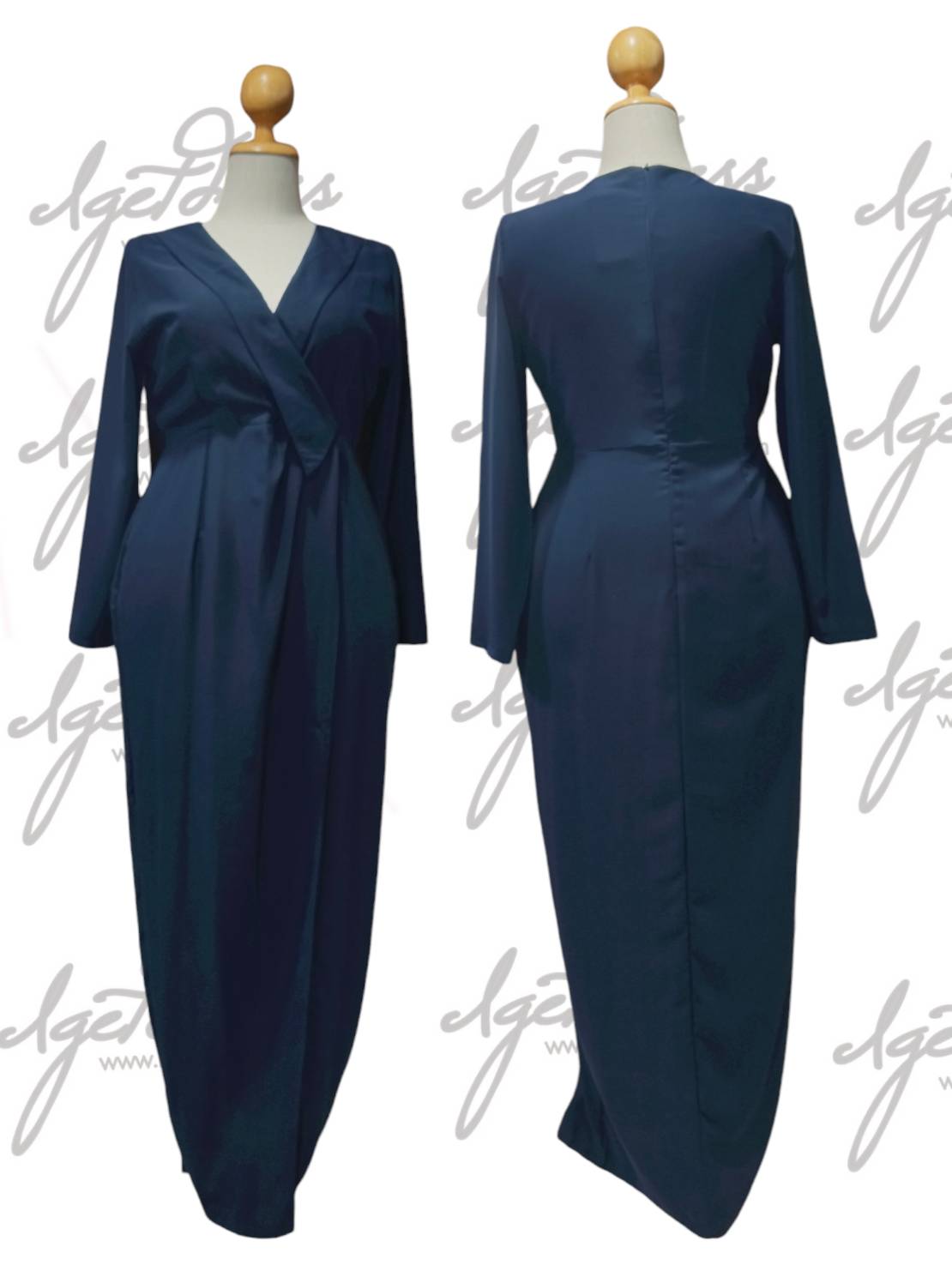 (PRE-LOVED) ราตรียาวสีกรมแขนยาวระบายกระโปรงตรงแหวกหน้า (3XL)