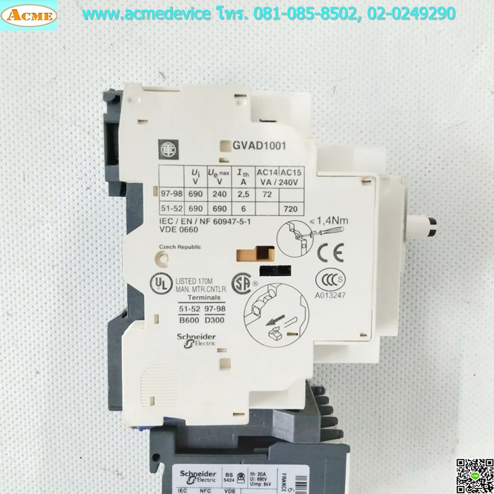Motor Circuit Breaker Telemecanique รุ่น GV2-P04, Current Rating 0.4-0.63A, 690V, 6kV, 3Poles, + GVAD1001 พร้อม Magnetic Contactor Telemecanique รุ่น LP1K0610BD , Current Rating 6A, Coil 24Vdc