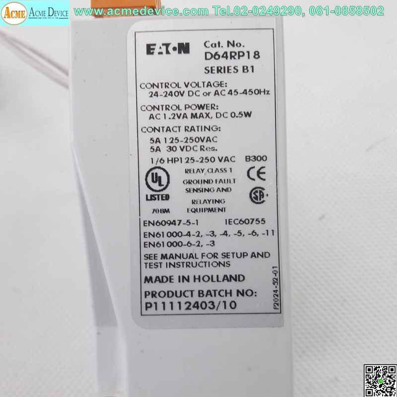 Current Transducer CR รุ่น CR56RBL-500,0.5VA, 600V, Ratio 50:5A & Control Digital Ground Fault Relay รุ่น D64RP18, 24-240VDC