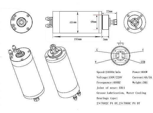 Spindle 800W ; spindle motor for cnc router table 65mm dia 800w 24000rpm 220v ER11 watercooling spindle looking for sales agents