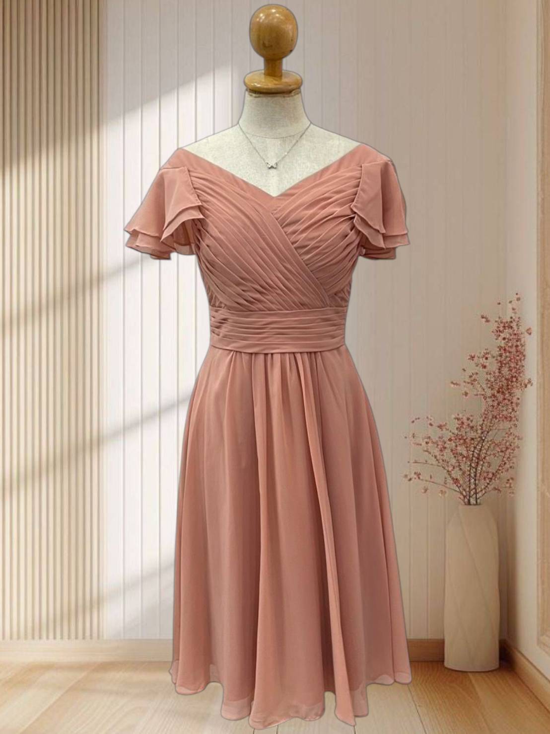 ราตรีสั้นปาดไหล สีโอรส ผ้าชีฟอง พริ้วๆ ใส่สบาย สไตล์สาวหวาน ไซส์ M