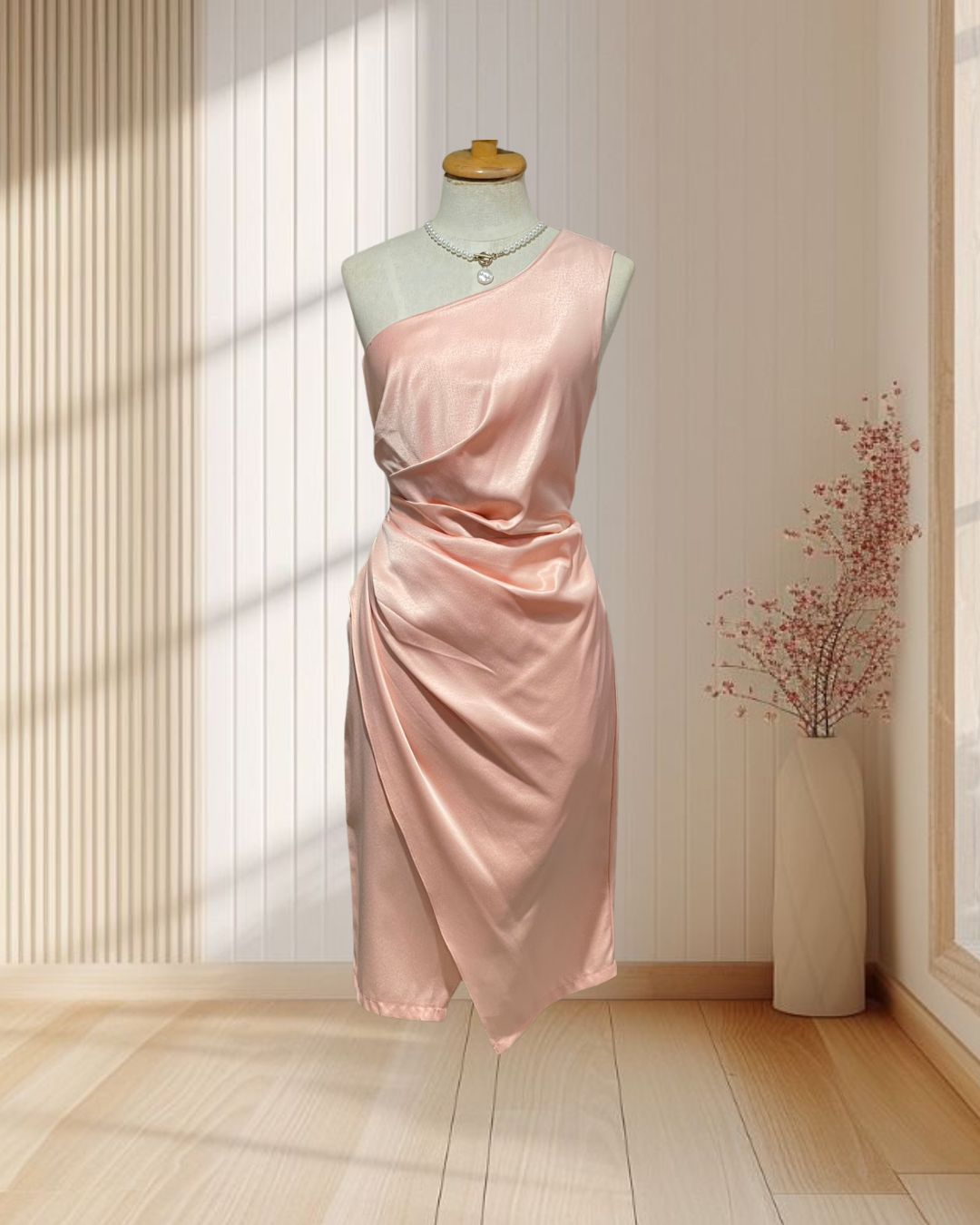 (PRE-LOVED) ราตรีสั้นสีโอโรสไหล่เบี่ยงจับจีบเอว (L)