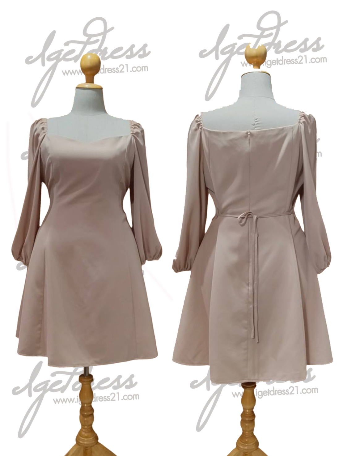 (PRE-LOVED) ราตรีสั้นสีครีมแขนยาว ผ้าเครปเกาหลีปลายแขนยางยืด ซิปหลัง (เพิ่มสายผูกเอว) ไซส์ 5XL