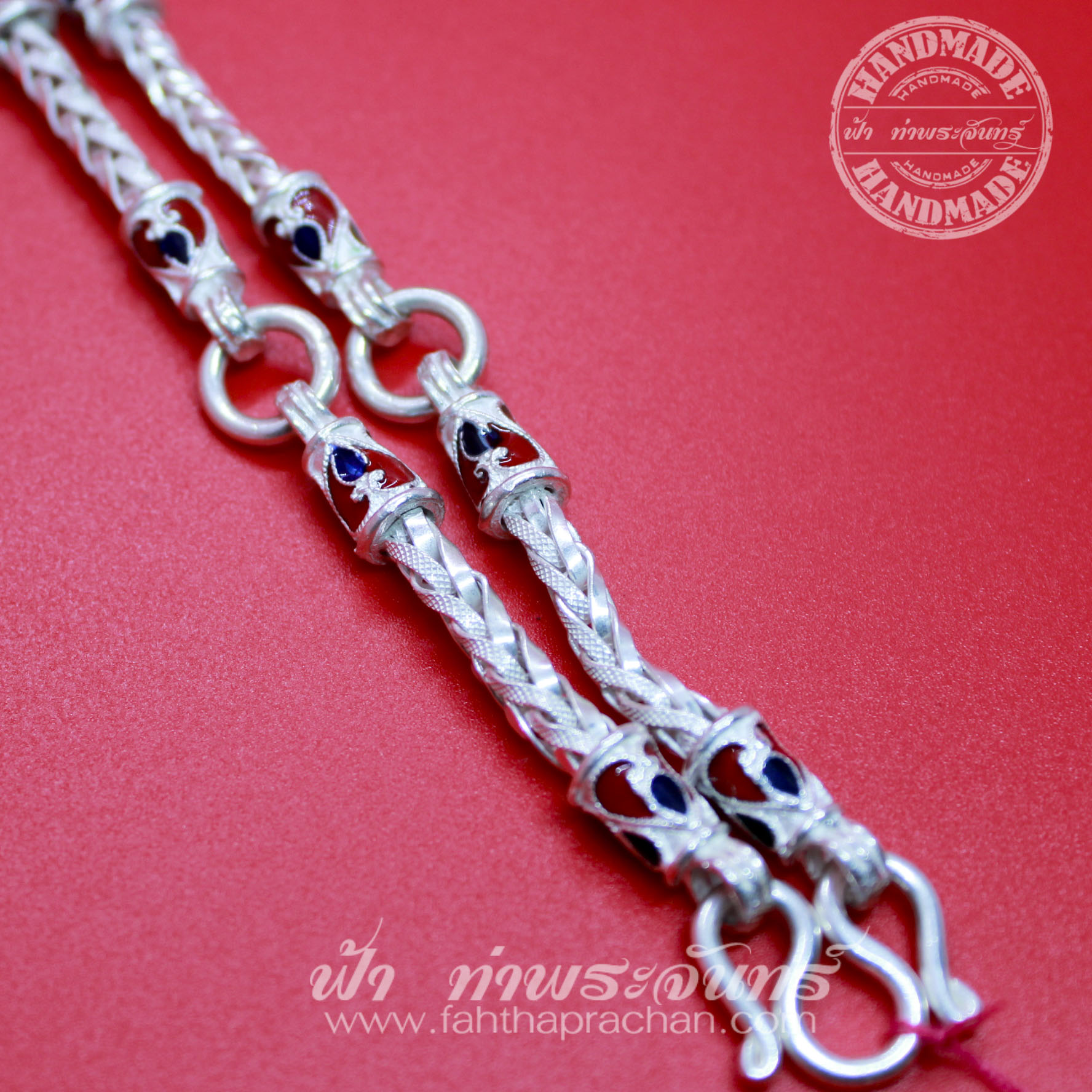 สร้อยคอเงินแท้ 92.5 ลายเปีย หัวจรวด ลงยา แบบ 5 ห่วง