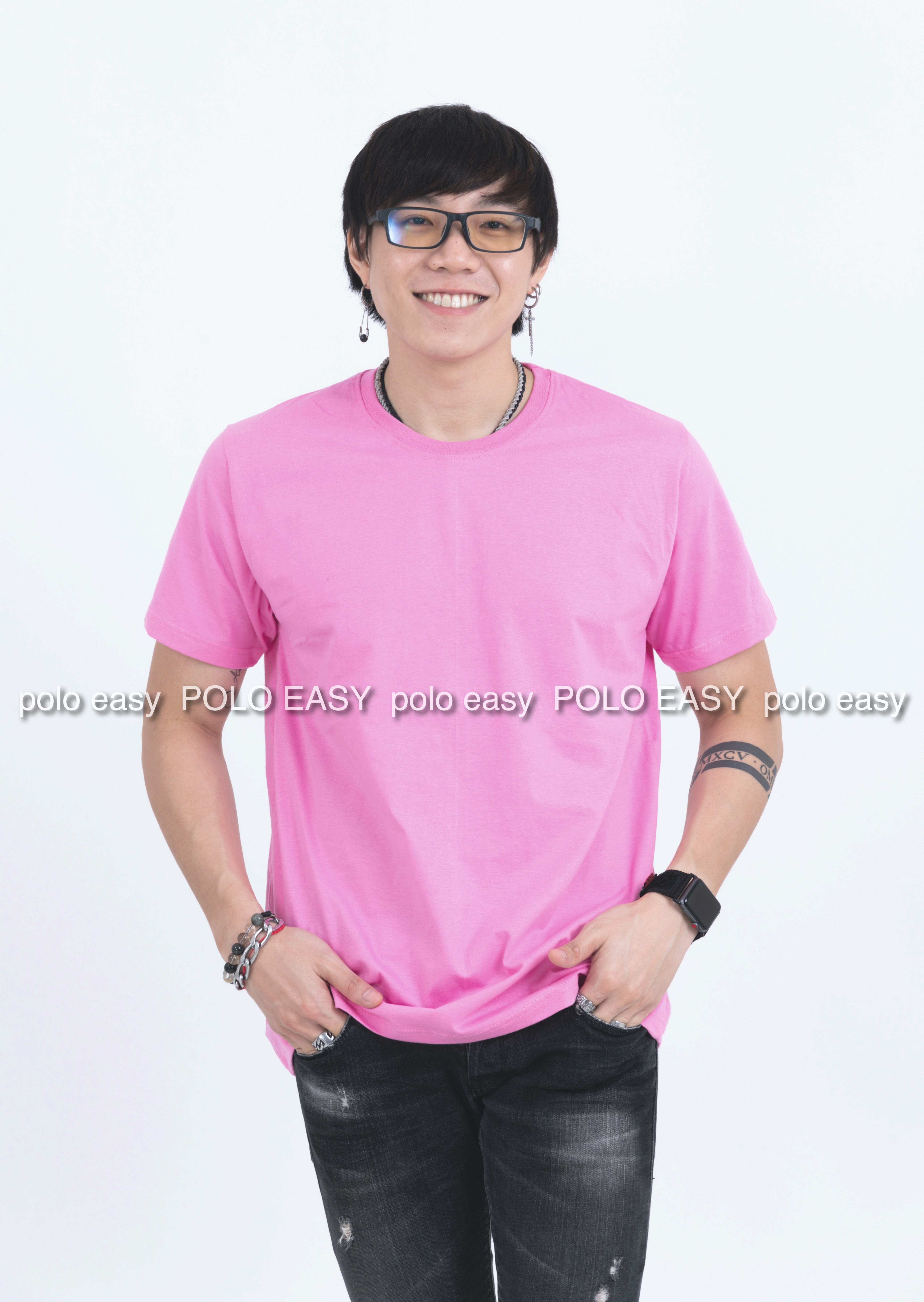 XL เสื้อยืด สีชมพูอ่อน คอกลม แขนสั้น Size XL