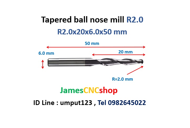 R2.0x20xD6x50 mm Tapered ball nose end mill TiAlN Carbide coat