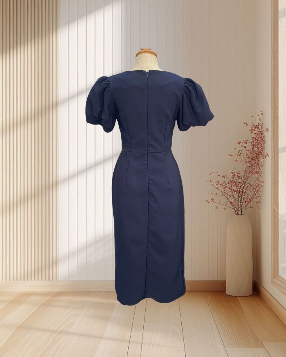 (PRE-LOVED) ราตรีสั้นสีกรม แขนบอลลูน กระโปรงทรงสอบ ไซส์ S