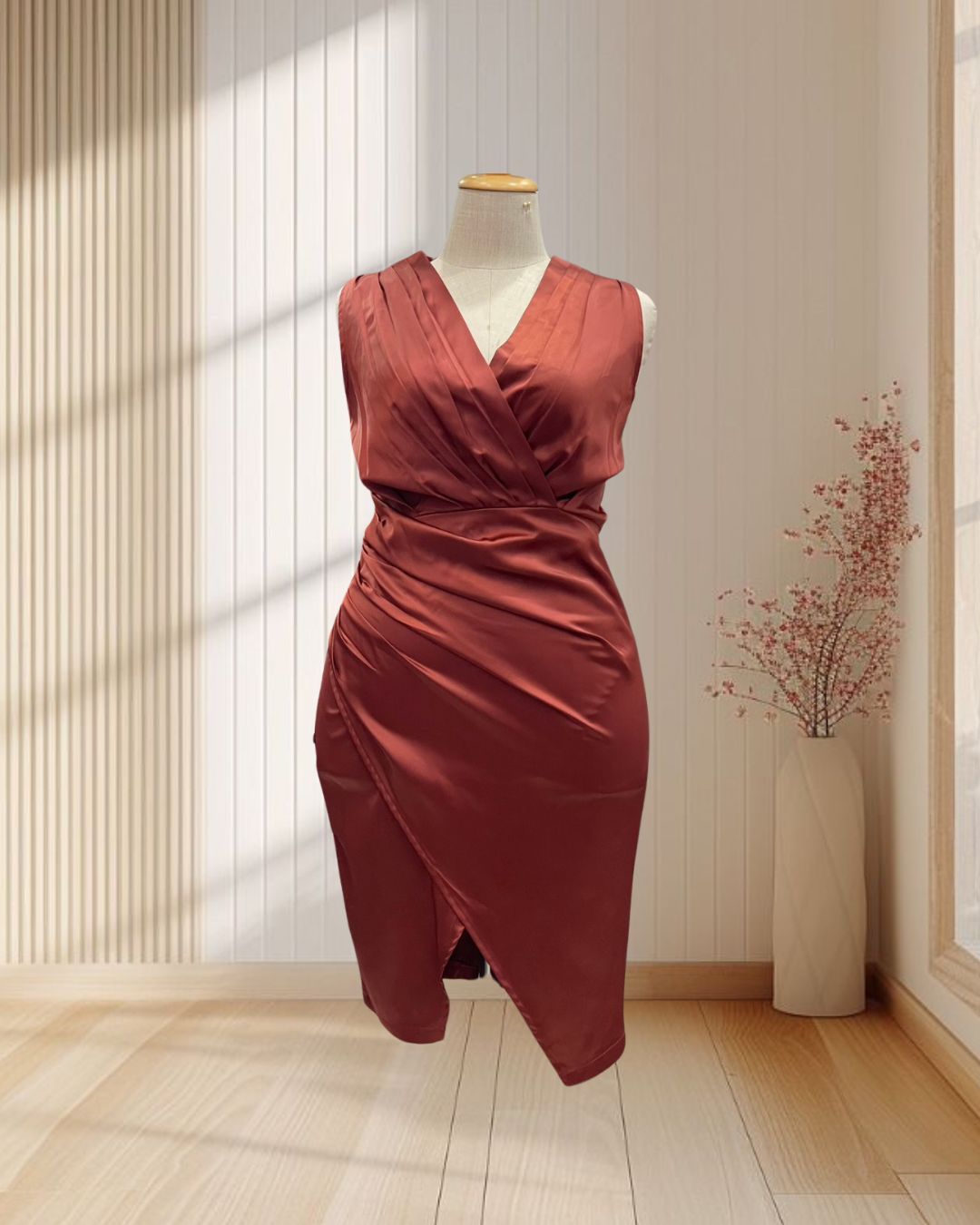 (PRE-LOVED) ราตรีสั้นสีน้ำตาลอิฐ แขนกุด จับจีบหน้าอก ไซส์ 2XL